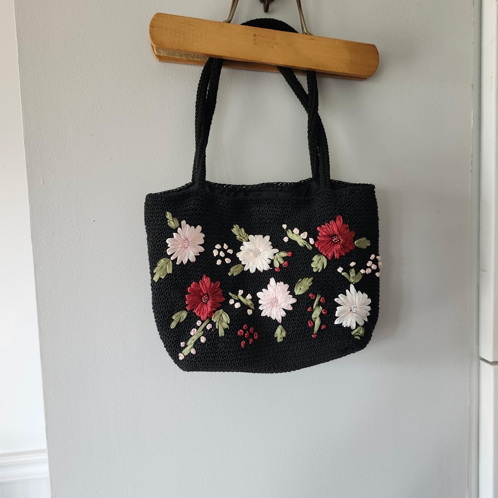 Floral Embroidered Black Tote Bag